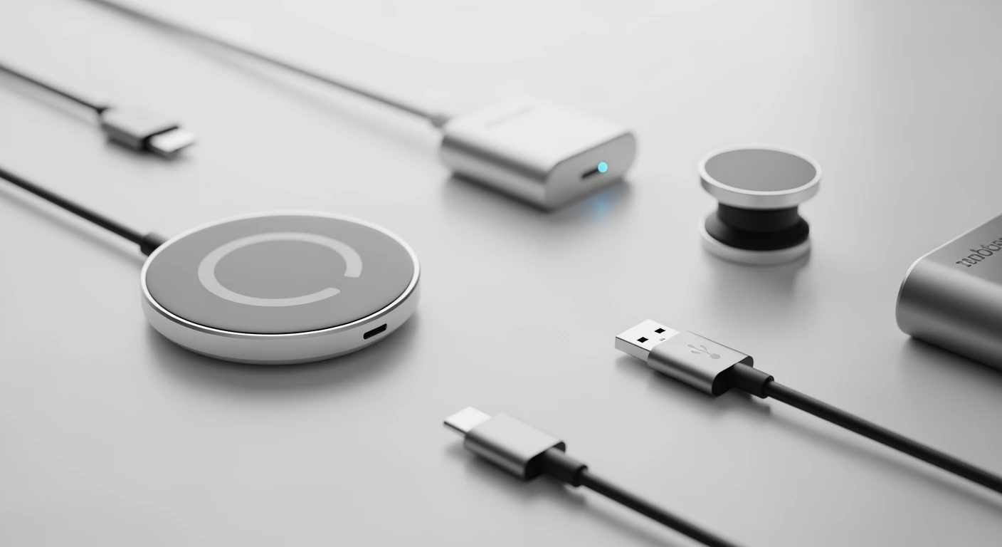 Smartwatch oplader: Verschillende laders (draadloos, USB-C, magnetisch) op een witte achtergrond.