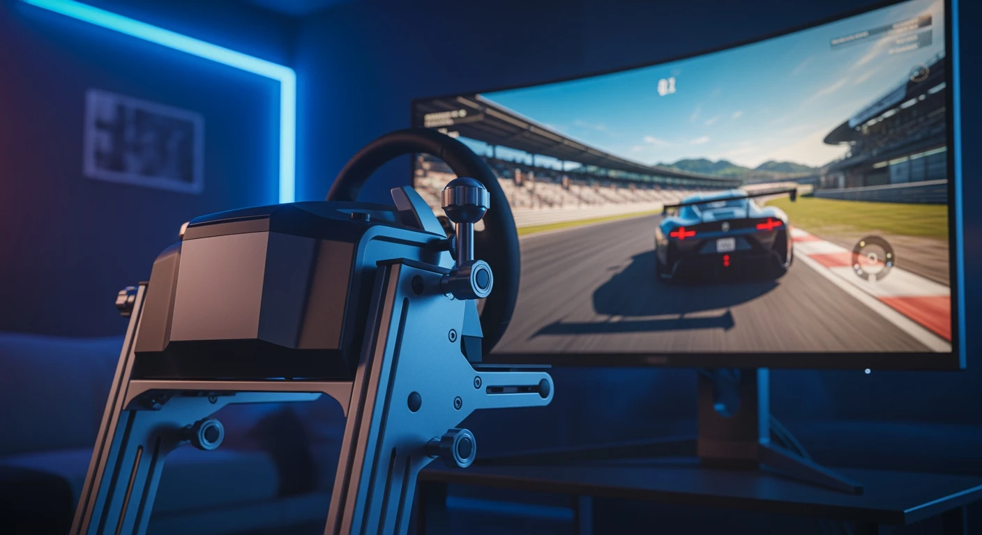 Moderne wheel stand in gaming setup. Klaar om een wheel stand te kopen?