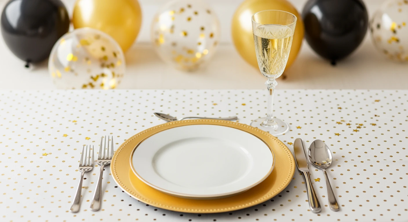 Stijlvolle tafeldecoratie oud en nieuw met gouden accenten en confetti voor een feestelijke nieuwjaarstafel.