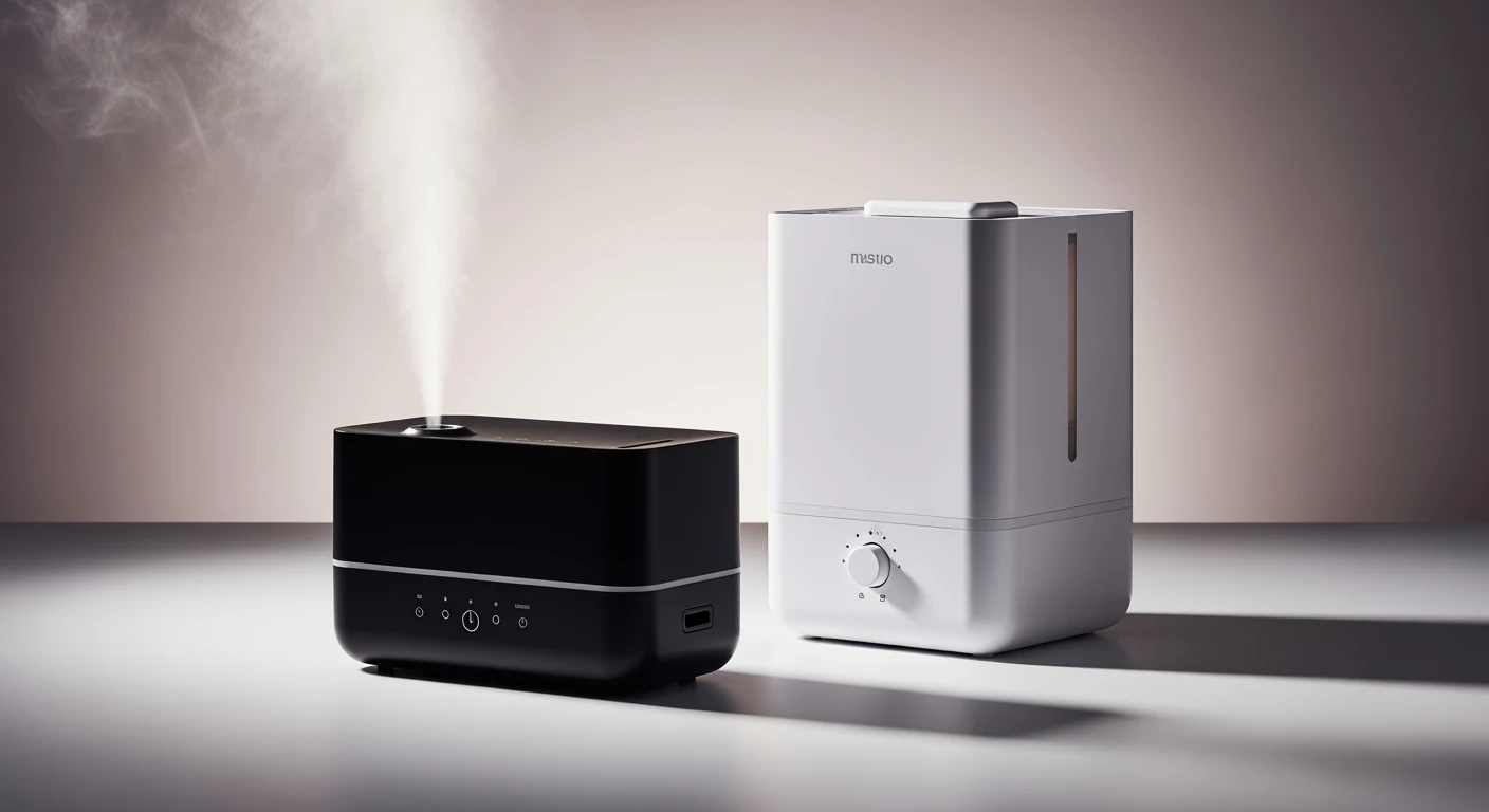 Beste luchtbevochtiger: Moderne luchtbevochtigers (ultrasoon & evaporatief) in studio setting.