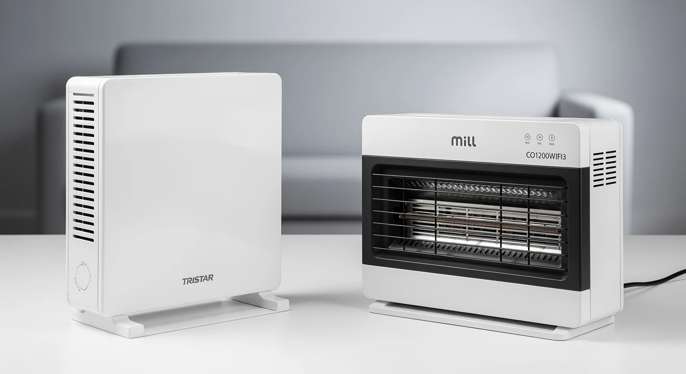 Beste elektrische convectorkachel: Tristar KA-5911 & Mill CO1200WIFI3 in studio setting.