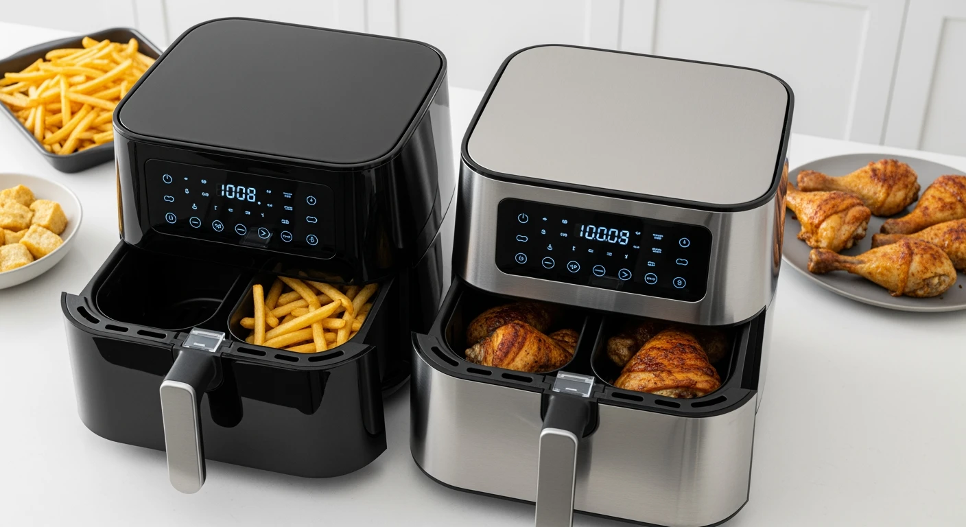 Beste dubbele airfryer: Twee moderne modellen met friet en kip, klaar voor gebruik.
