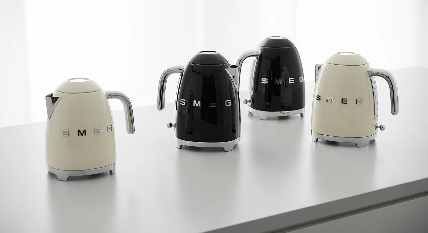 SMEG keukenapparaten beste aankopen: Cream, zwarte & temperatuur-kettle op een lichtgrijze aanrecht.