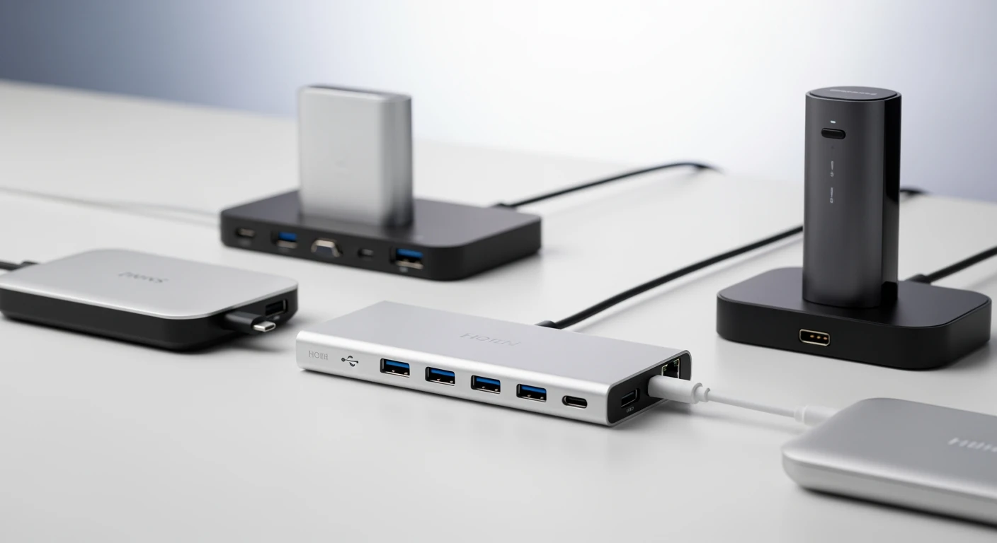 Beste docking station kopen? USB-C hub vergelijken: diverse modellen op een minimalistische setup.
