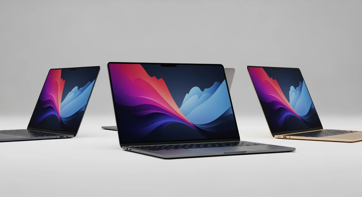 Beste MacBook vergelijken: Drie 2025 MacBooks (midnight, space gray, gold) in minimalistische setting.