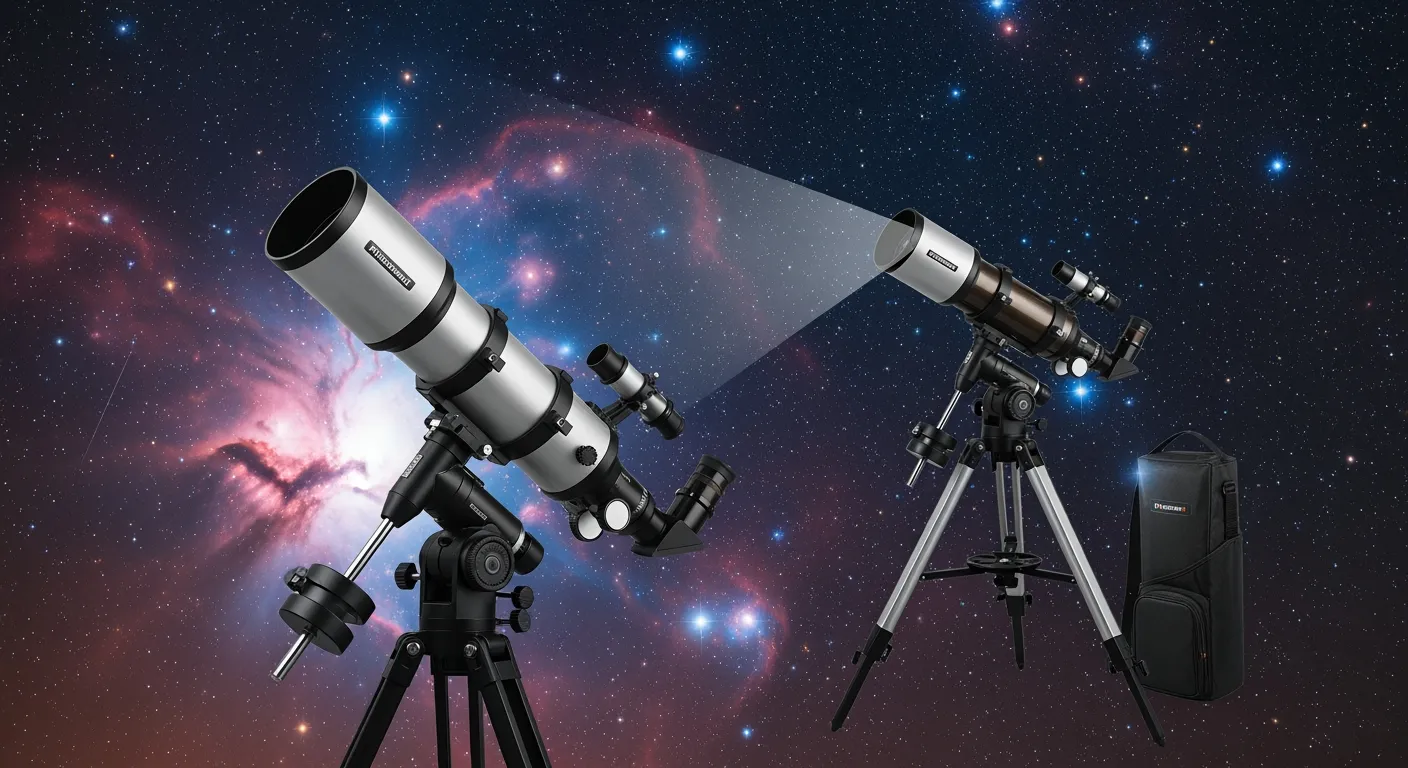 Beste telescoop: Twee telescopen (Odessey & Bluemay) tegen sterrenhemel.