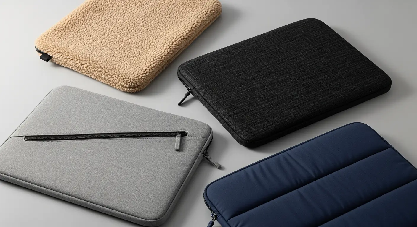 Beste laptophoes: 4 topmodellen (2026) in teddy, zwart geweven, grijs minimalistisch en marineblauw.
