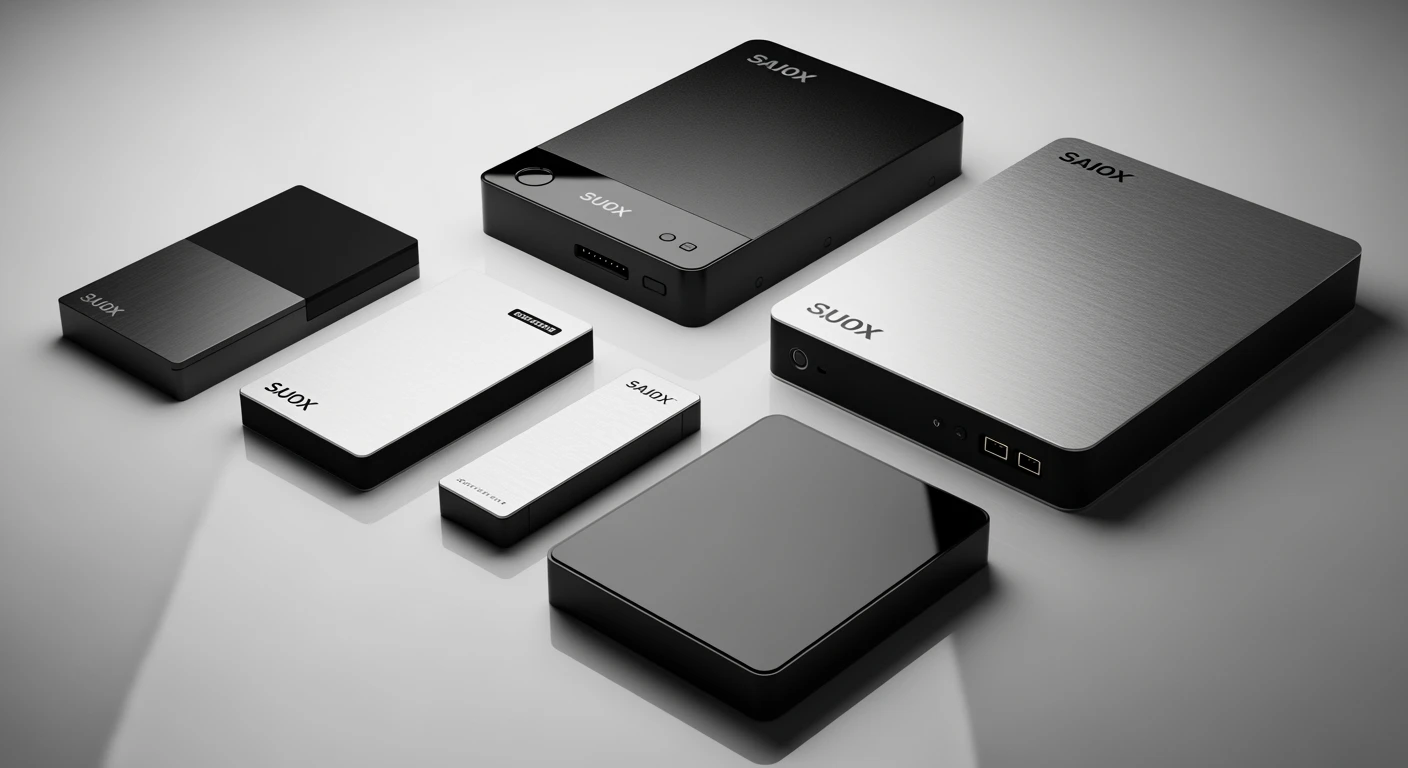 Beste externe harde schijf 2026: Verschillende modellen en formaten op een witte achtergrond.