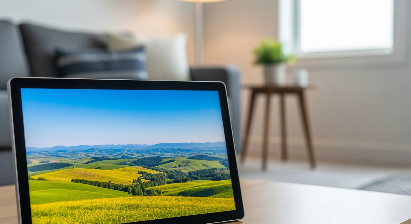 Digitale fotolijst kopen: Landschap op helder scherm in moderne woonkamer. Beste digitale fotolijst 2025.