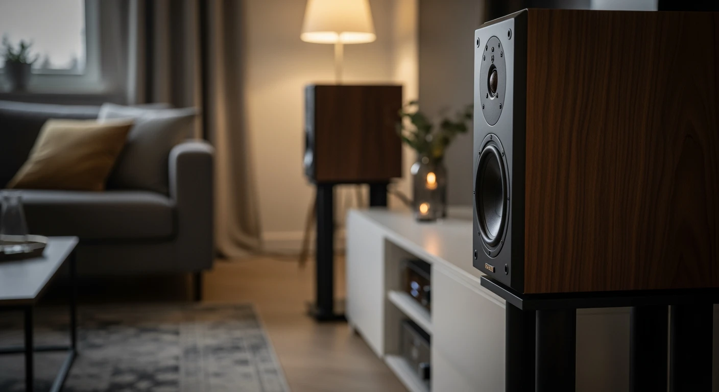 Stijlvolle speakerset in moderne woonkamer. Boekenplank speakers flankeren minimalistisch tv-meubel.