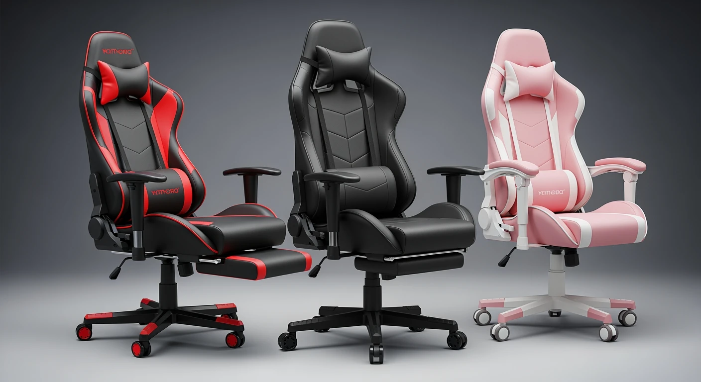 Beste gaming stoelen: Rode, zwarte en roze gamestoel deals in studio setting.