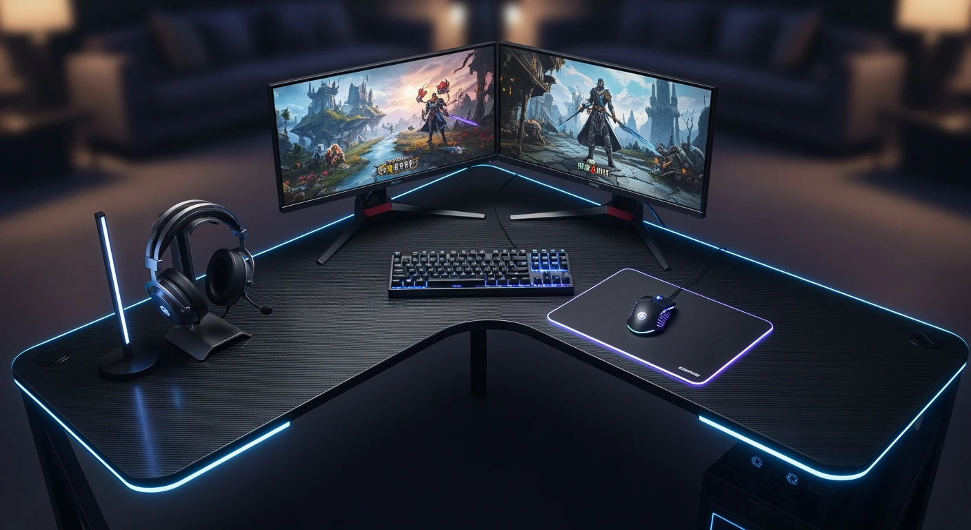 Beste gaming bureaus: L-vormig gaming bureau met dual-monitor setup en gaming accessoires.
