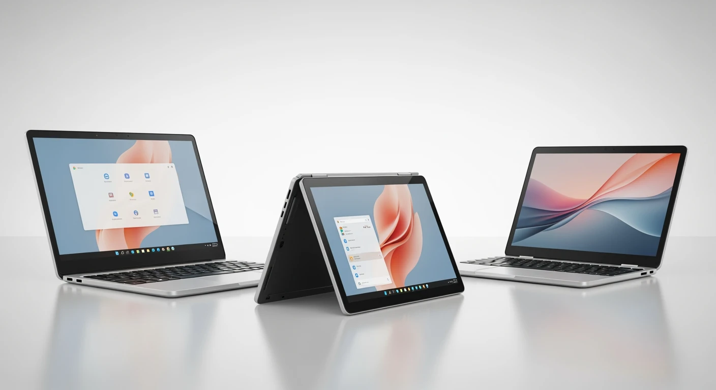 Beste Chromebook keuzes: 2-in-1, 15 inch & Chromebook Plus modellen in een heldere studio setting.