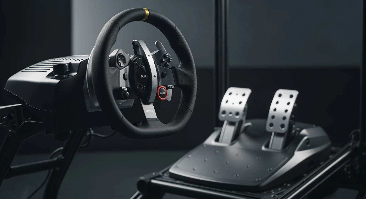 Racing hardware: Close-up van racestuur en pedalen op een sim racing cockpit.
