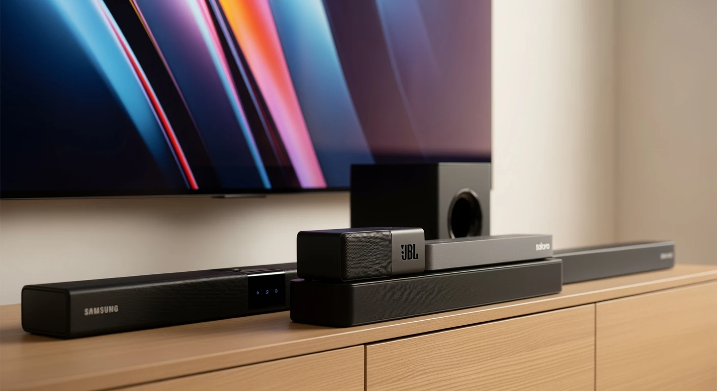 Beste soundbar kiezen: Samsung, JBL & Salora soundbars op een modern tv-meubel.