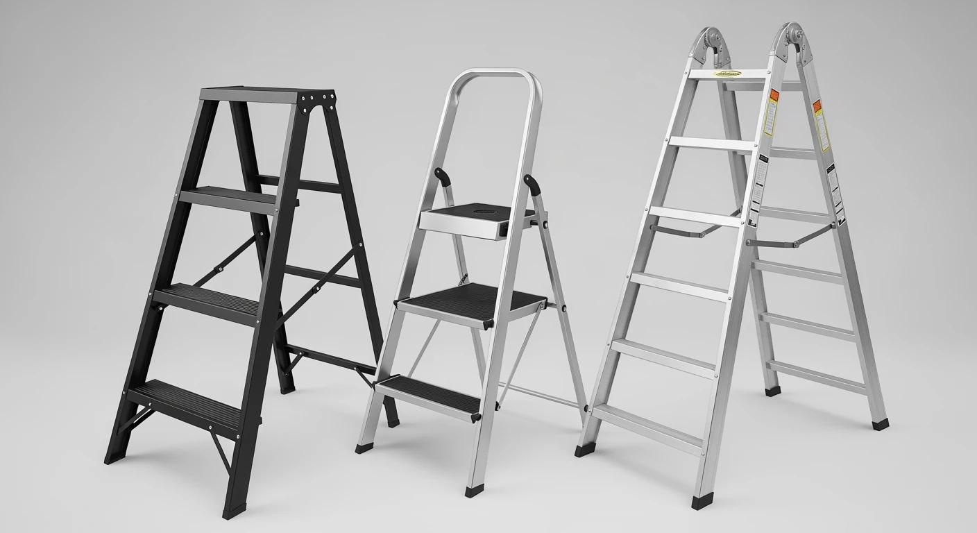 Huishoudtrap: 3 verschillende modellen (2, 4 & 5 treden) op een rij.