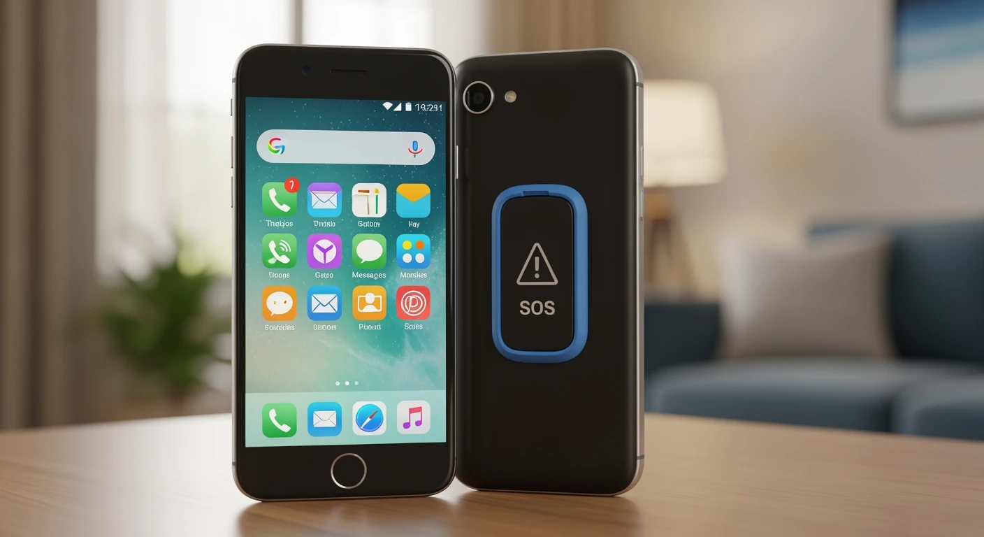 Senioren smartphone: Gebruiksvriendelijk model met SOS knop en vereenvoudigde interface.