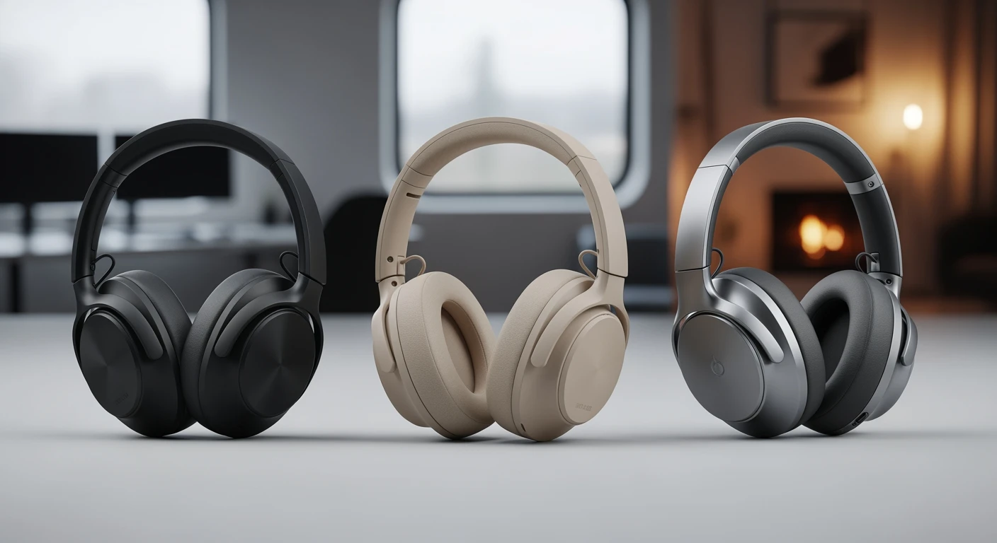 Beste noise cancelling koptelefoon: 3 modellen in studio setting. Office, trein & thuis op achtergrond.