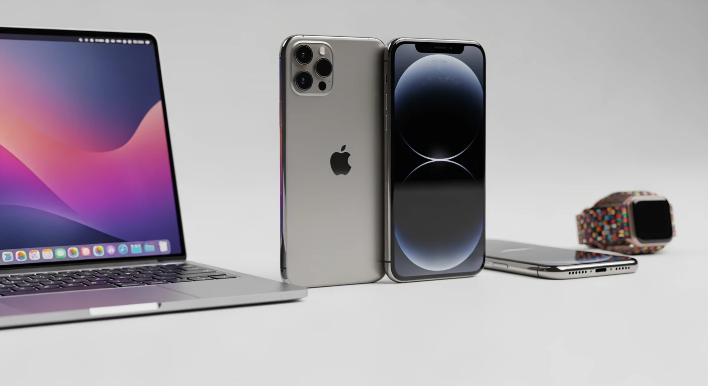 Beste Apple producten: iPhone 16 Pro, MacBook Air M4 en Apple Watch in minimalistische setting. Apple kopen?