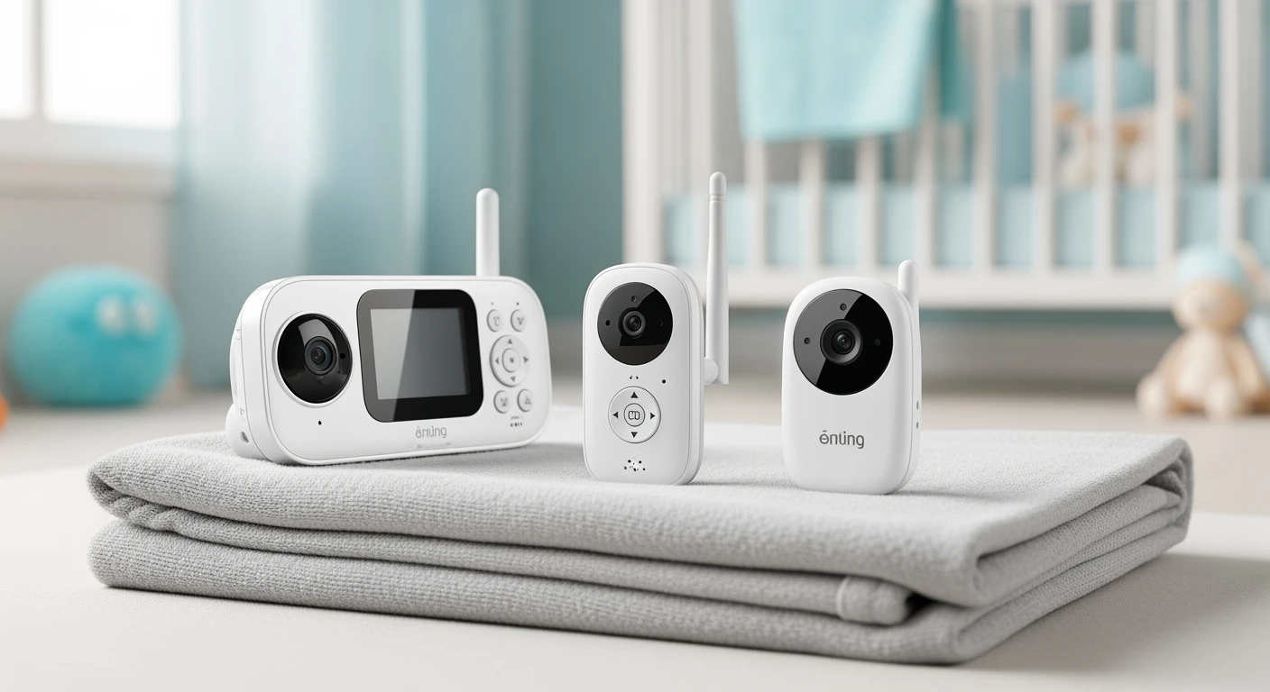 Beste babyfoon met camera: 3 modellen (klassiek, compact, app) op zachte babydeken.