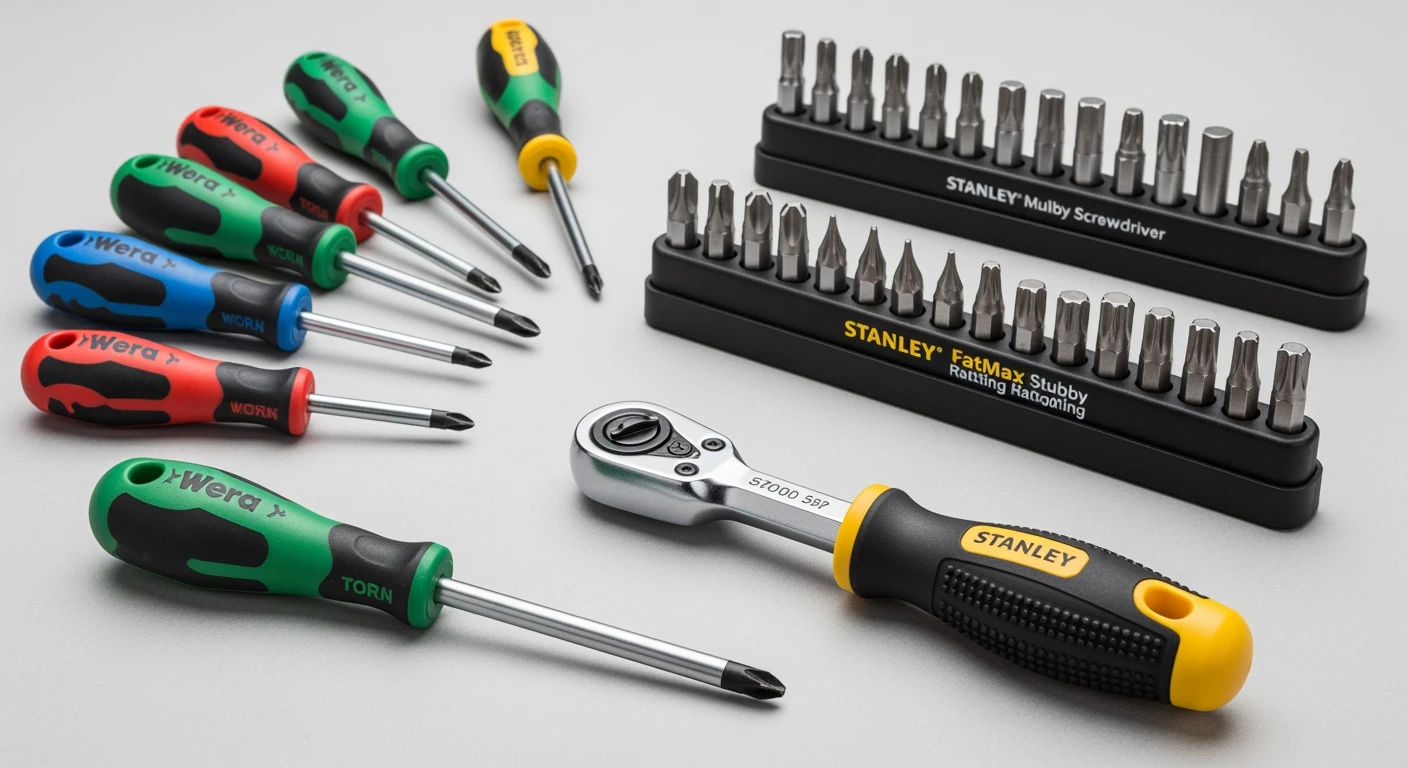 Beste schroevendraaier: Stanley & Wera schroevendraaierset op een werkbank.