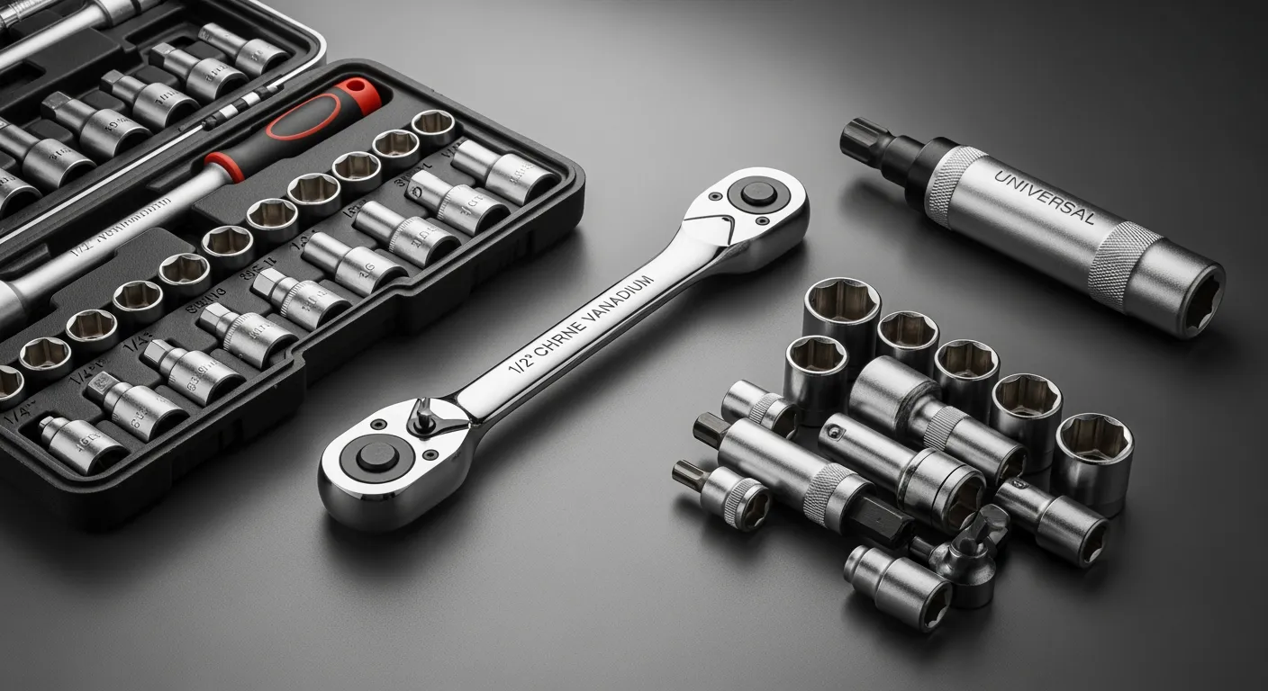 Beste ratelsleutel: 1/2" ratel, 1/4" ratelsleutelset en diverse doppen op een grijze achtergrond.