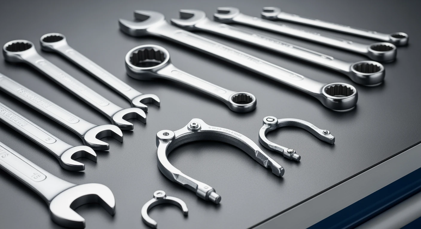 Beste ringsleutel set: Ringsleutels en remleiding sleutels op een werkbank.