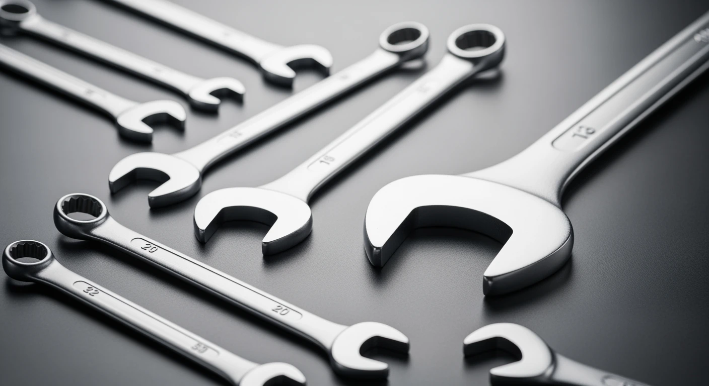 Beste steeksleutel: Set gepolijste steeksleutels van chroom vanadium staal op een werkbank.