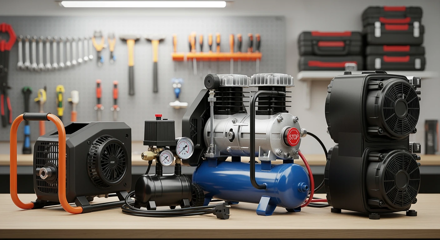 Beste compressor modellen 2026: Overzicht van diverse luchtcompressoren op een werkbank.