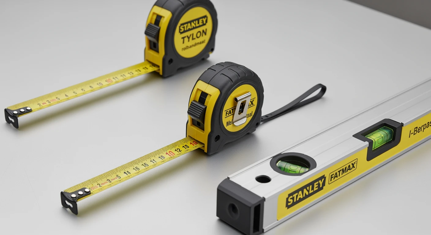 Beste meetgereedschap: Rolbandmaten & waterpas op een werkbank voor nauwkeurig werk.