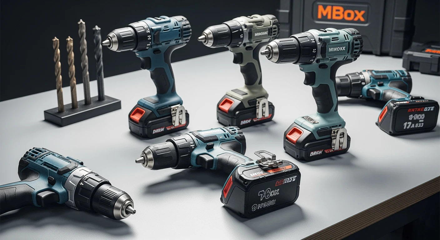 Beste boormachine selectie: accuboormachines op een werkbank, klaar voor vergelijking.