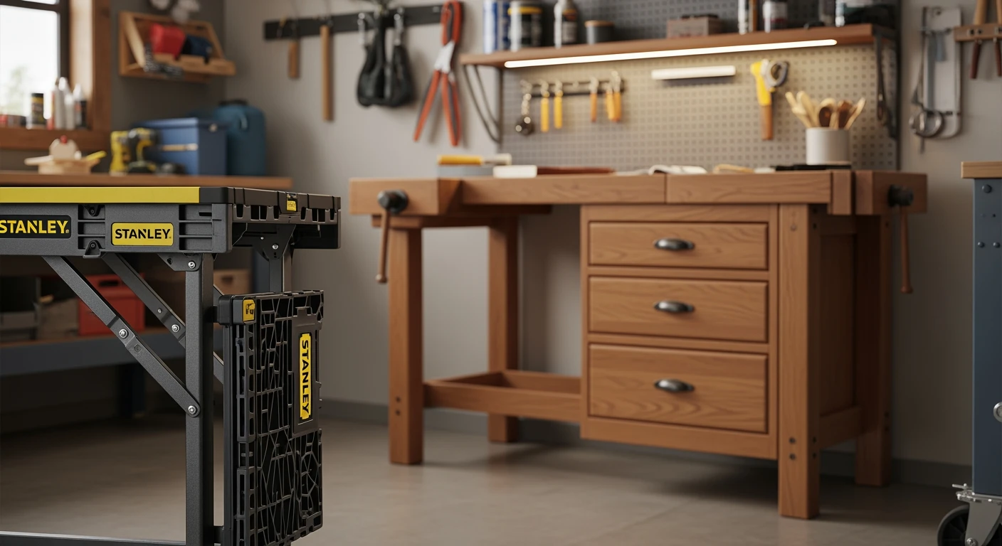 Beste werkbank: Stanley opvouwbare werkbank voor, traditionele werkbank achter in georganiseerde werkplaats.