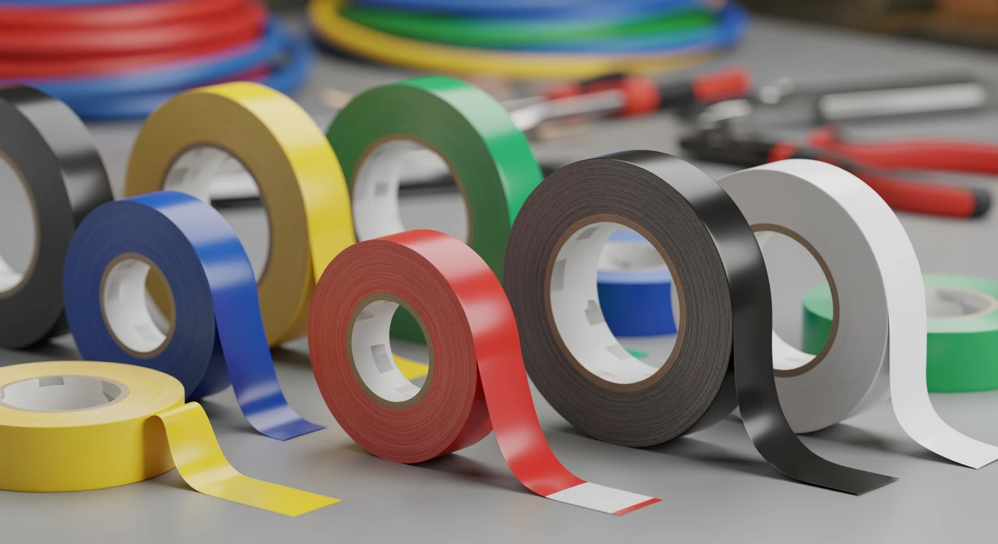 Beste isolatietape: Diverse kleuren en breedtes op een werkbank. Ideaal om isolatietape te kopen en te vergelijken.
