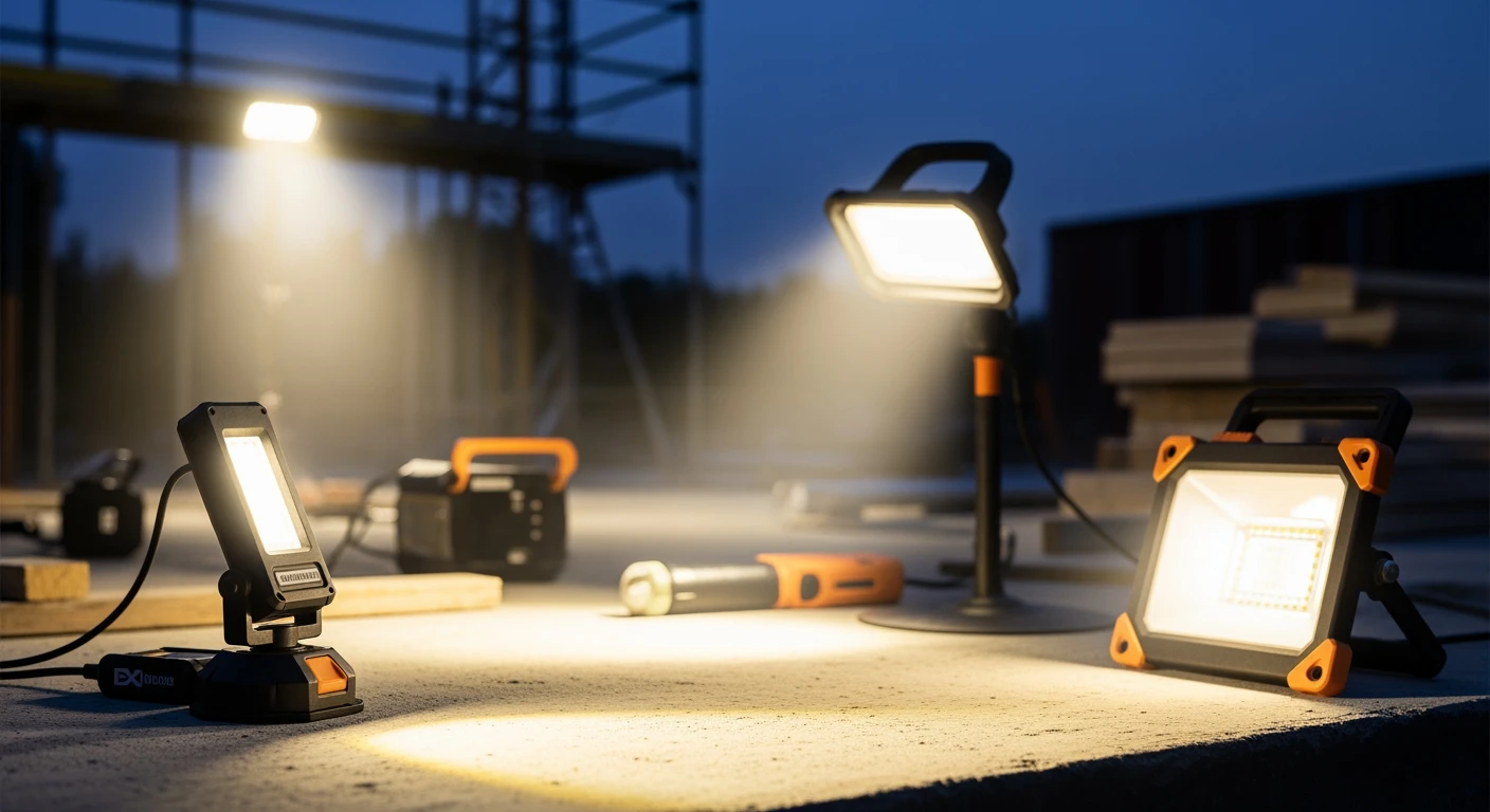 Beste bouwlamp: LED bouwlampen verlichten een bouwplaats in de schemering.