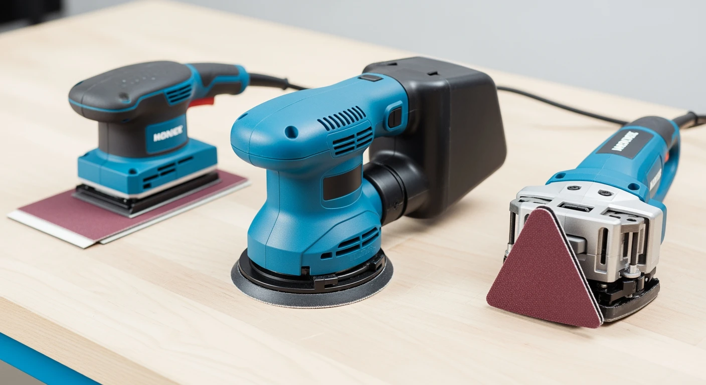 Beste schuurmachine kopen? Drie top schuurmachines op een werkbank.