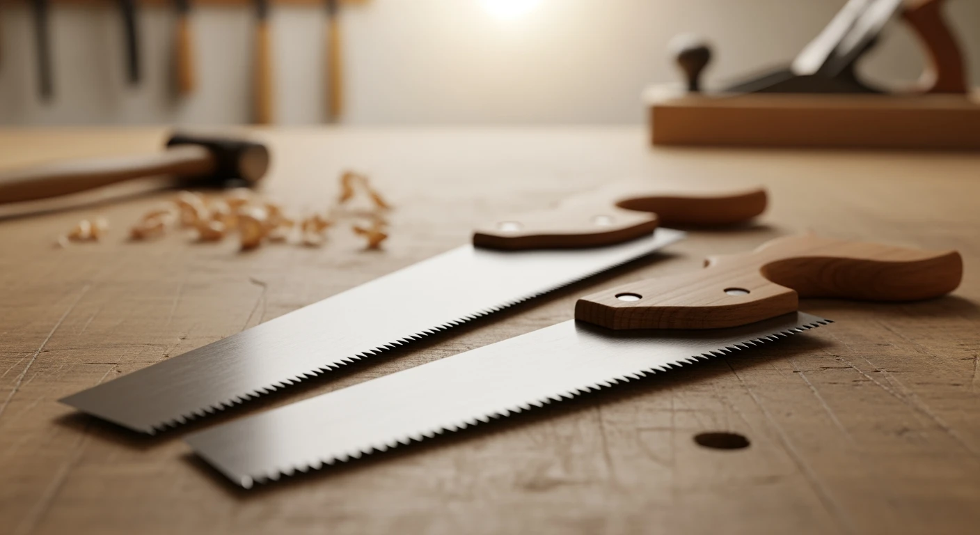 Professionele handzaag selectie: ryoba, klassiek model en tenon zaag op werkbank.