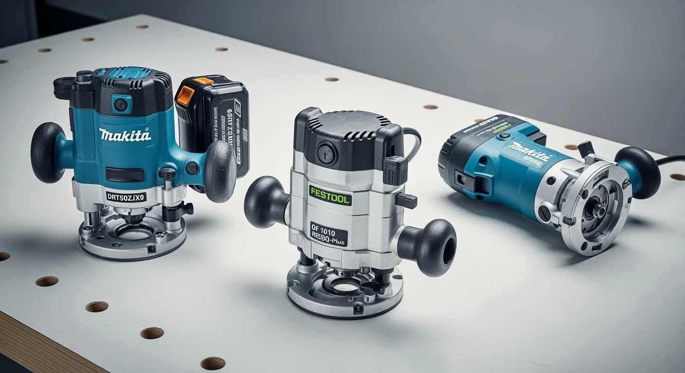 Beste freesmachine 2026: Makita & Festool freesmachines op een werkbank.