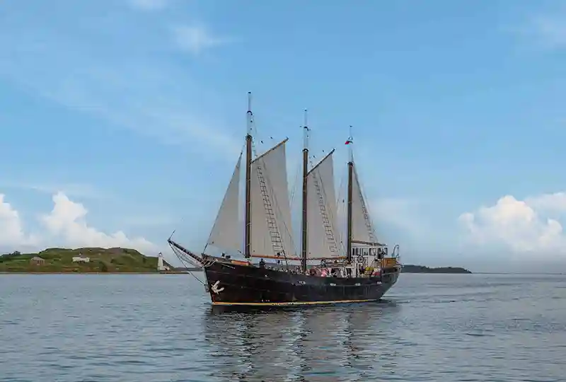 The Tall Ship Silva sails past Georges Island on a beautiful day.