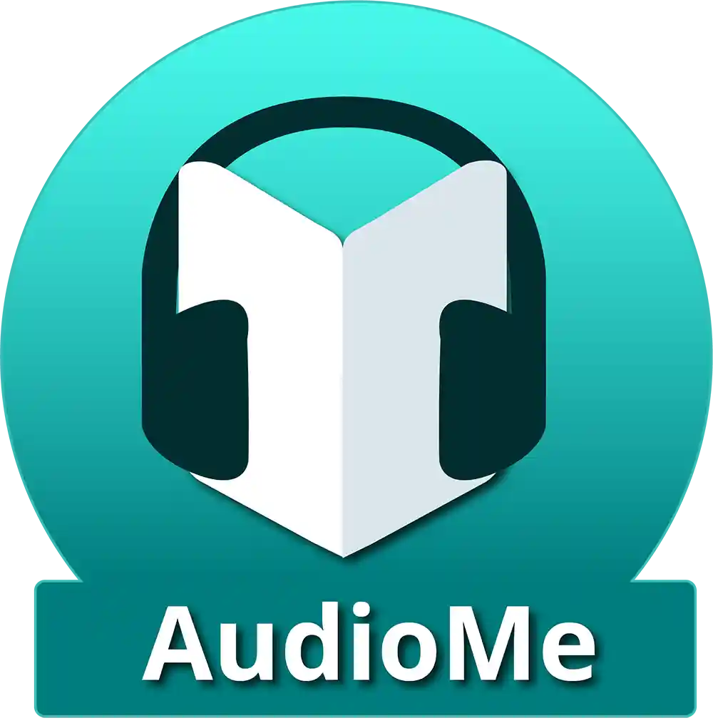Audiome logo. It incorporates headphones wrapped over a book against a teal colour background.
