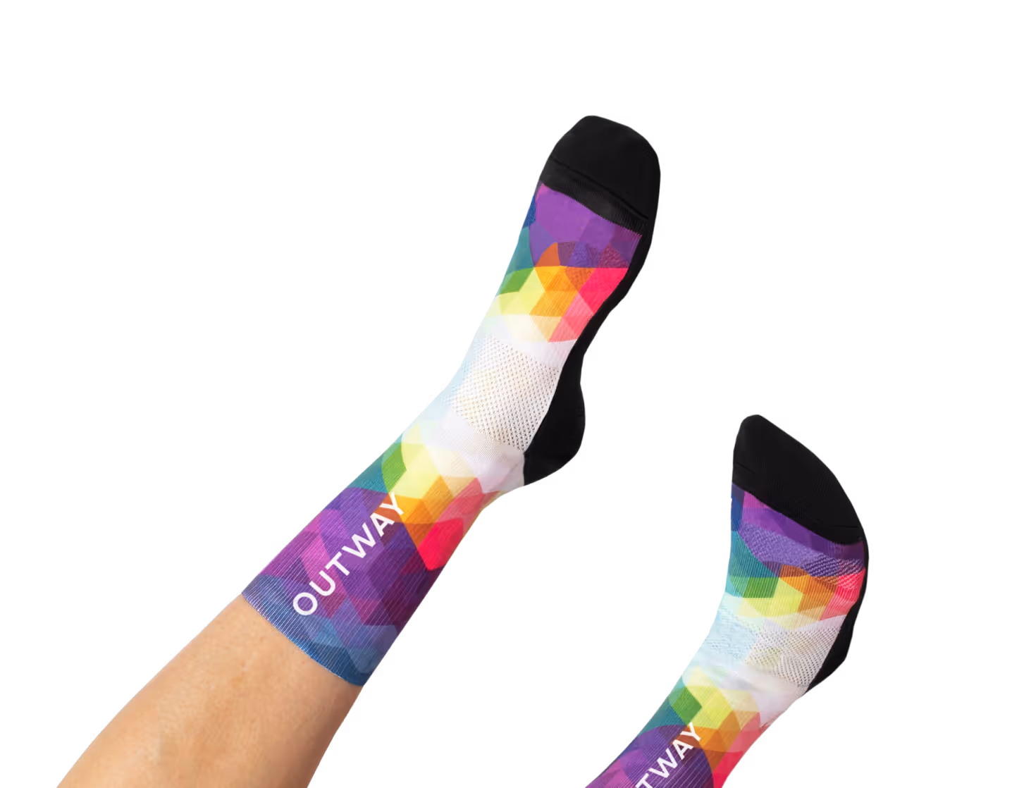 A brightly colored pair of calf socks on a person's feet