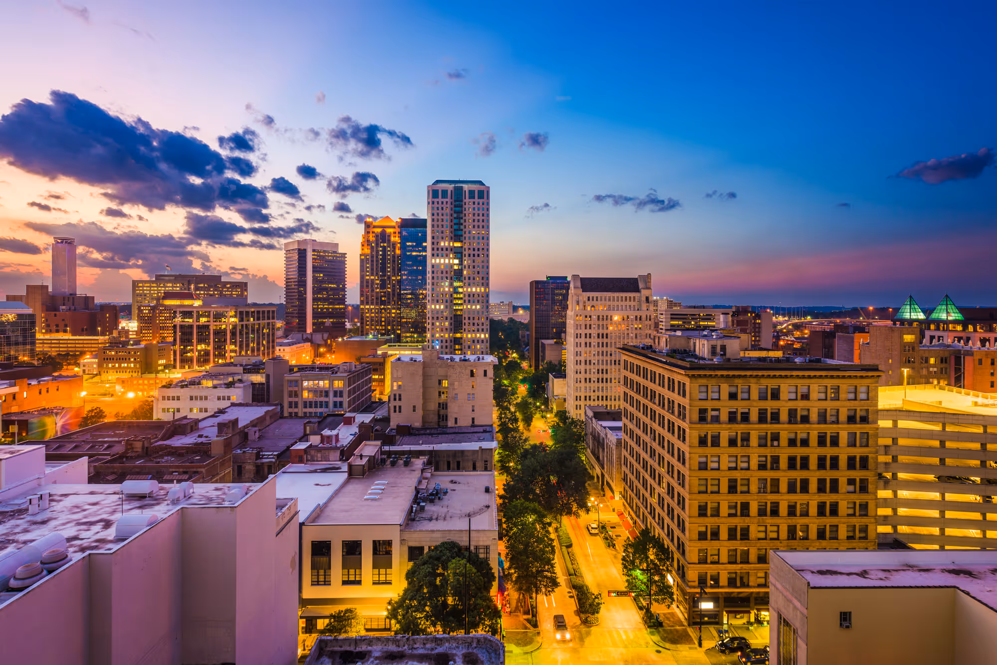 The Birmingham skyline at dusk.
