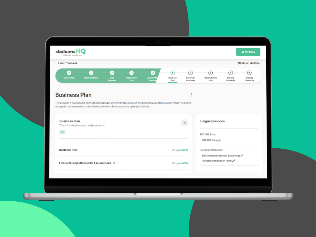 sbaloanshq client portal at the business plan stage