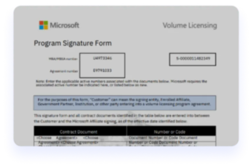 Microsoft Volume Licensing Program Signature Form showing fields for VLSA/VLSC member and agreement number, with instructions and a table for contract documents and their codes.