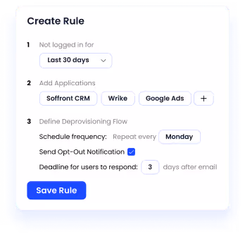 User interface for creating a rule with options for login time, selected applications, scheduling frequency on Monday, opt-out notification checkbox, and a 3-day response deadline, plus a blue Save Rule button.