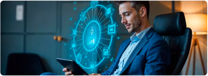 Man in a suit sitting in an office chair using a tablet with futuristic digital icons projecting in front of him.