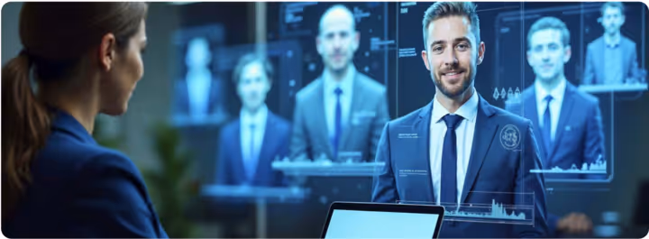 Woman viewing holographic digital interfaces displaying multiple business professionals in suits.