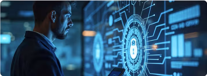 Man holding a smartphone and looking at a large transparent screen displaying digital security and data graphics.