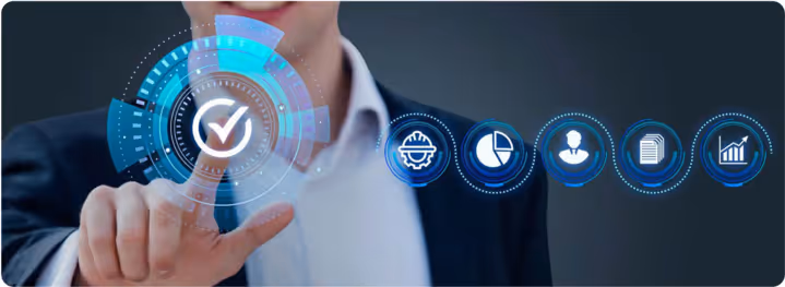 Person in business attire touching a virtual checkmark icon surrounded by circular technology graphics linked to icons representing safety helmet, pie chart, user, documents, and bar chart.