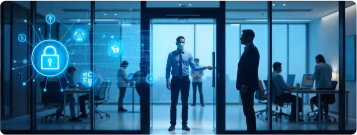 Office scene with people wearing masks and working on laptops, overlaid with digital security icons including a large padlock symbol.