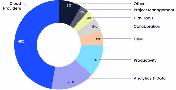 Donut chart showing software categories: Cloud Providers 45%, Analytics & Data 20%, Productivity 11%, CRM 5%, Collaboration 5%, HRIS Tools 3%, Project Management 3%, Others 8%.